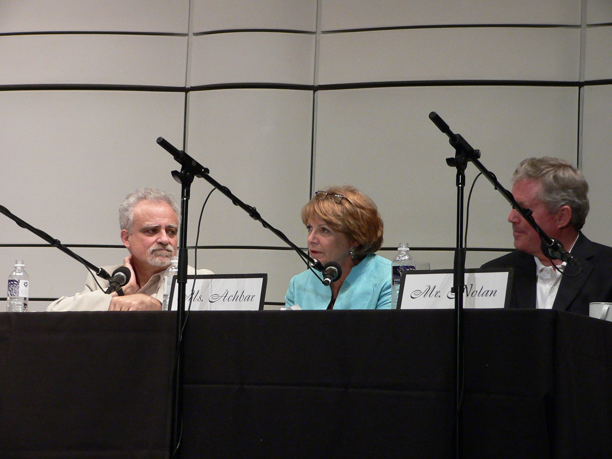 a panel of people sit at microphones in a panel room