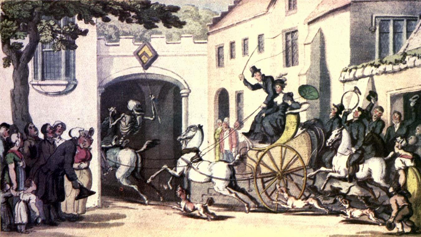 a vintage drawing of two people riding horses and carriage in front of a group of people