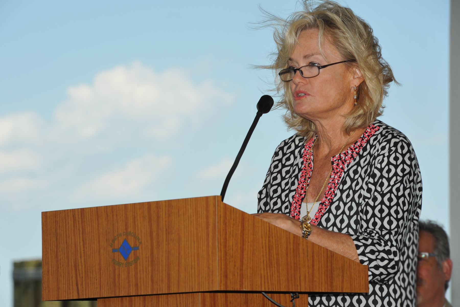 a woman speaking from a podium with a sky background