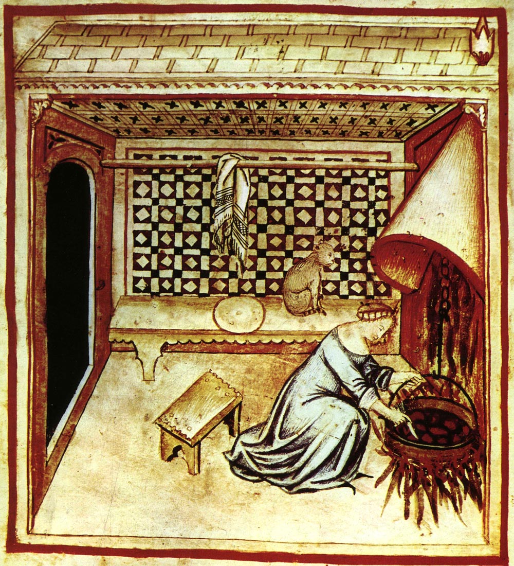 medieval medieval illustration of woman preparing dinner in a kitchen