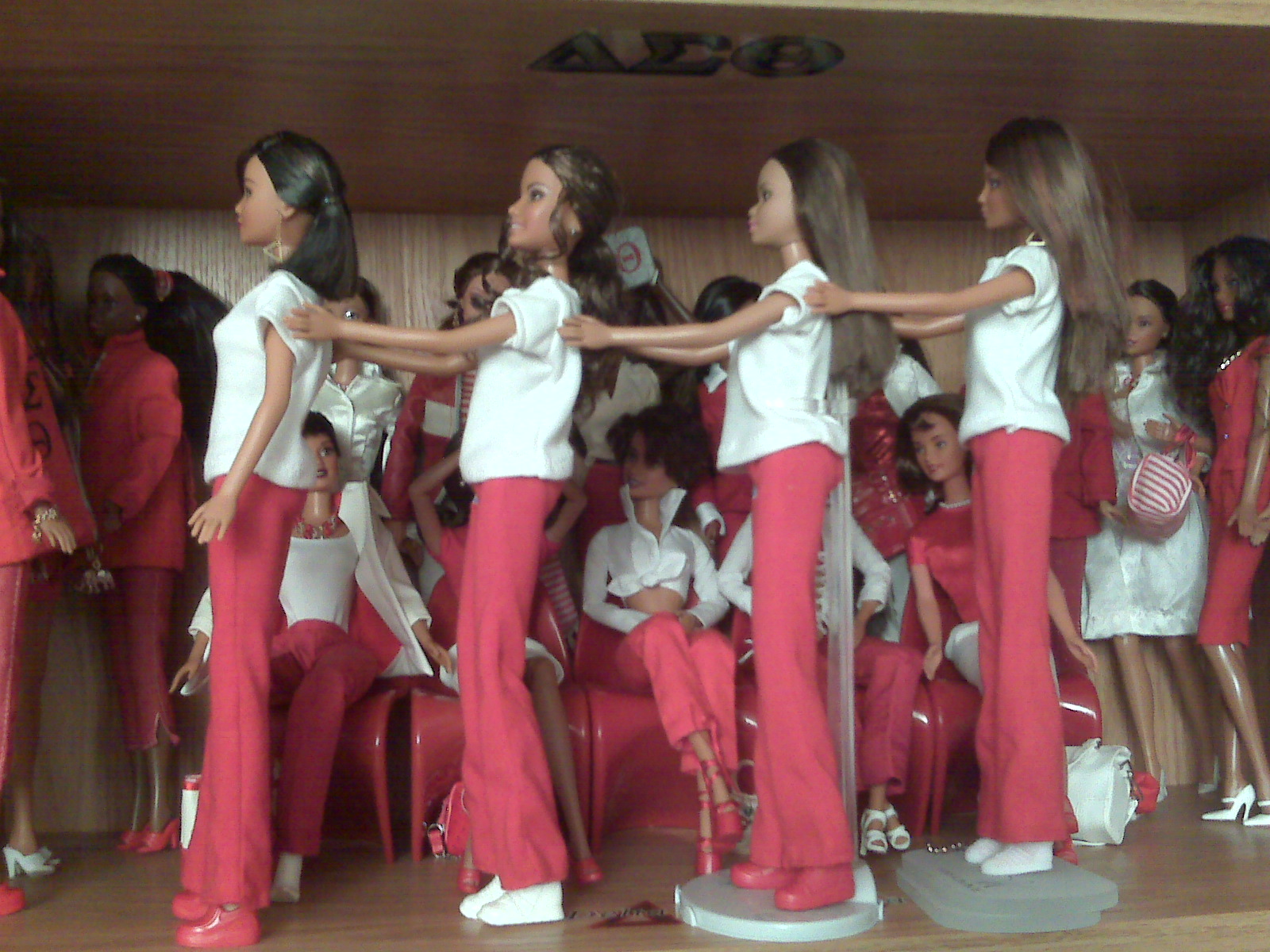 barbies wearing red pants are lined up on wooden shelves