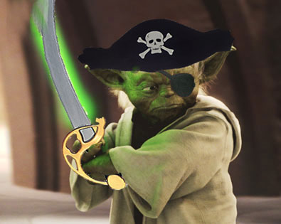 an yoda with a pirate hat holding a sword