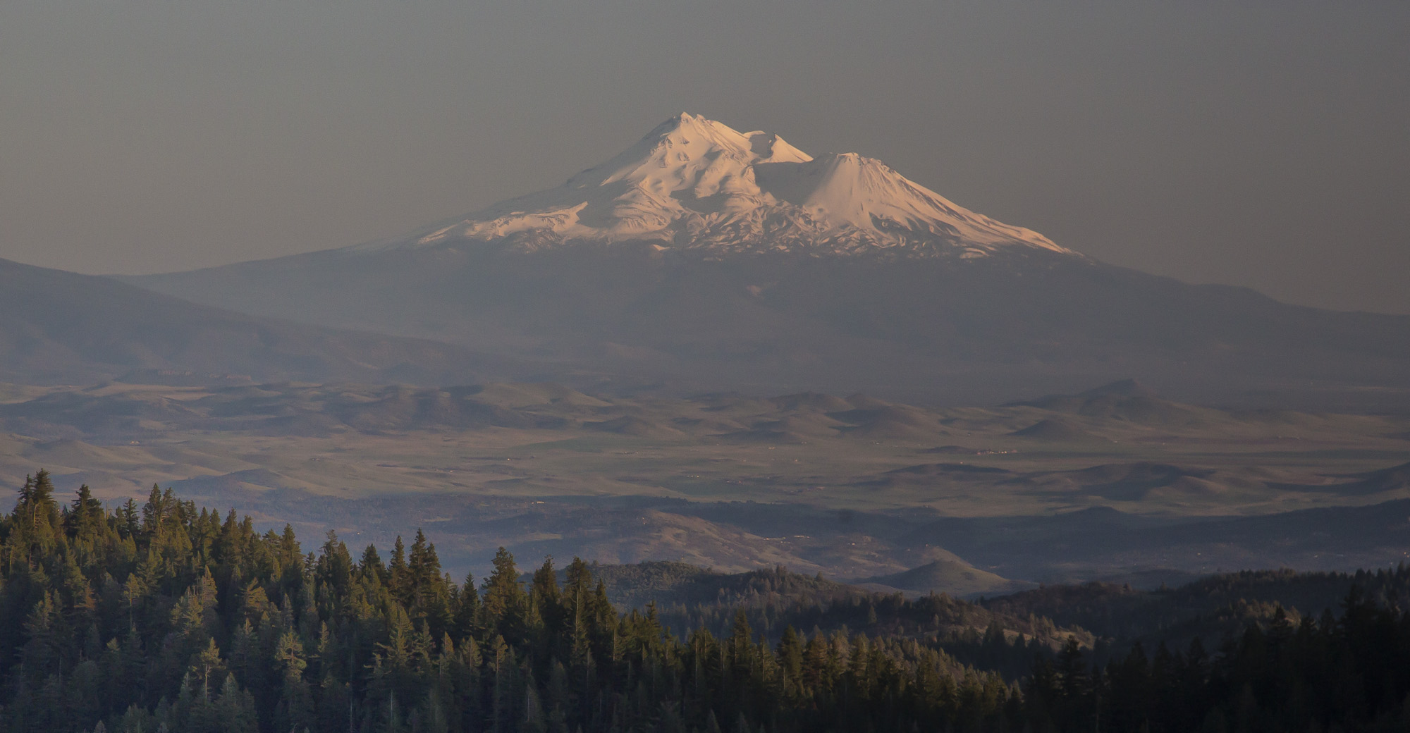 a very pretty snow covered mountain with pine trees in the foreground