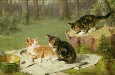 painting of three cats on blanket outside in front of trees