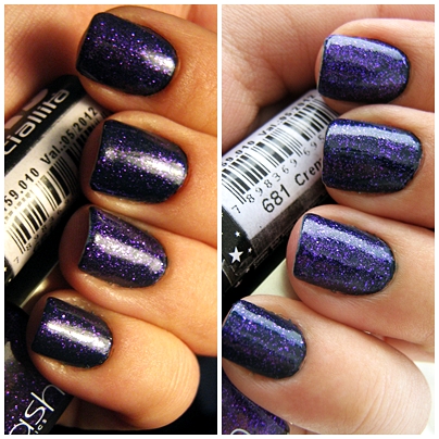 two pictures of purple and silver nail polishes