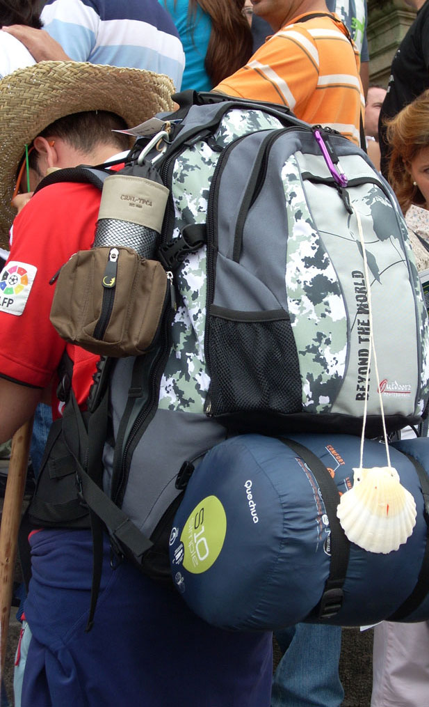 a back pack with many pockets that has the words hiking on it