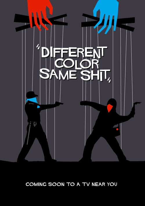 two people are hanging onto strings that say different color same 