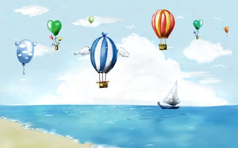 a painting with lots of different colored  air balloons floating