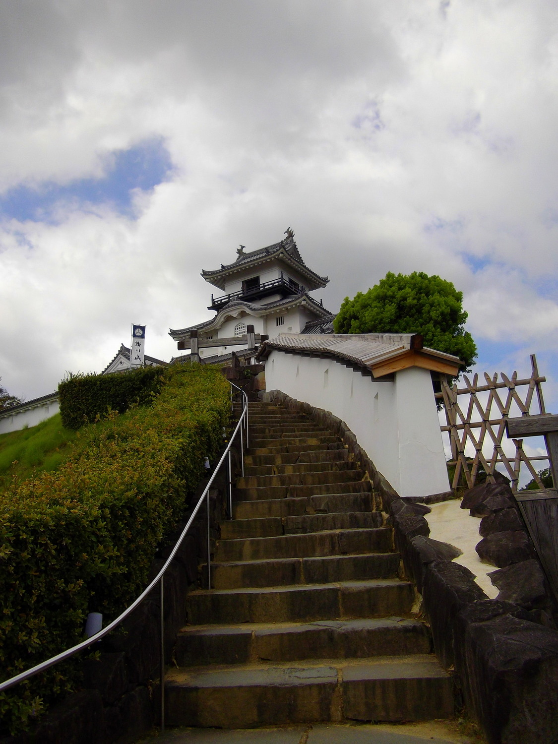 some stairs and a building in the background