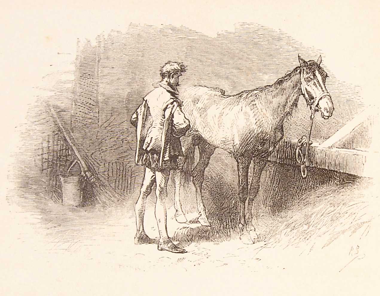 the man in the illustration is standing beside a horse