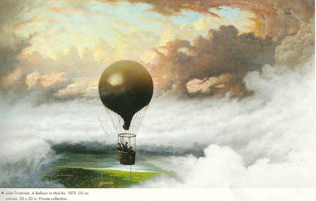 a painting with a  air balloon flying through the sky