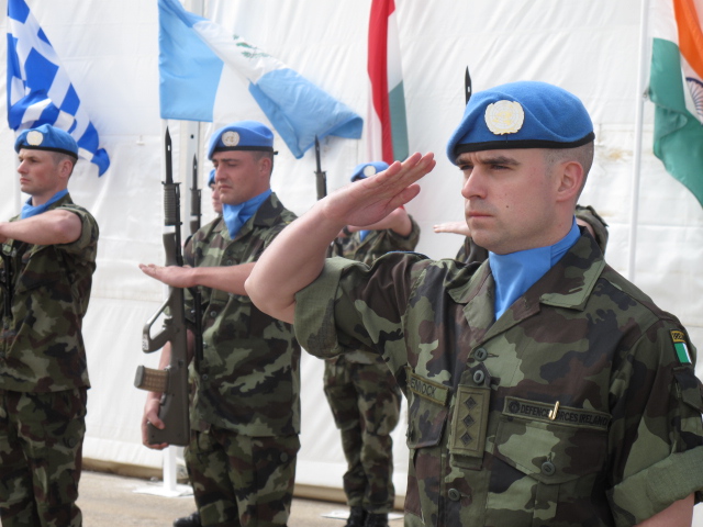 soldier in blue with an emblem and flags waving their arms