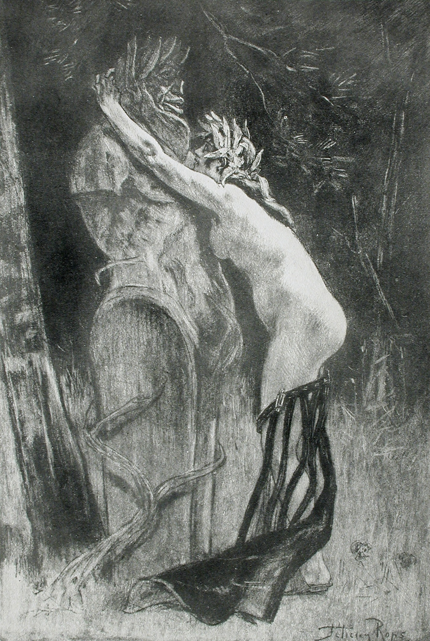 a drawing of a woman leaning on a wood