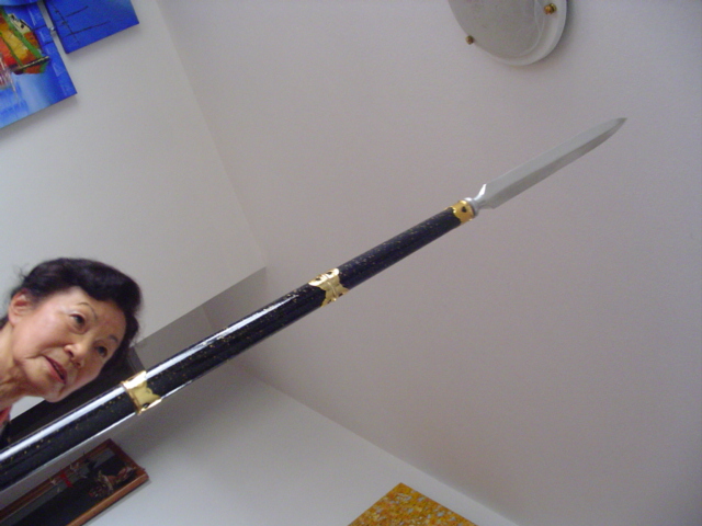 a woman posing with a large sword hanging in the air