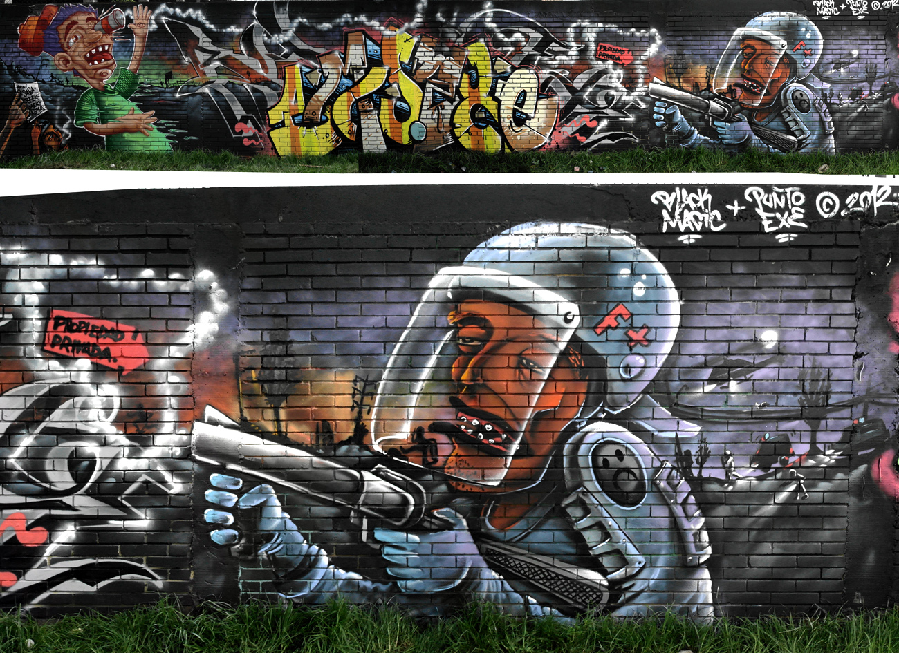 two pos of graffiti featuring a man holding a gun