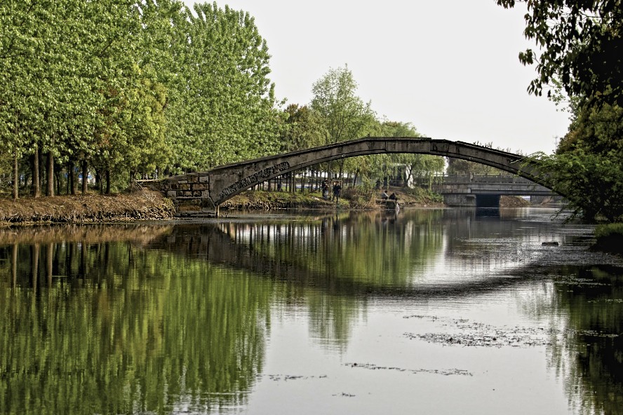 a bridge over water with trees and grass on either side