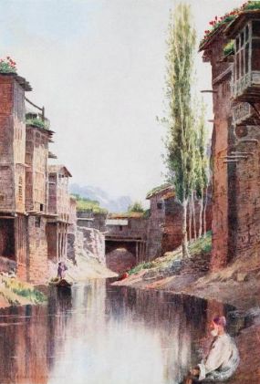 a painting of people sitting on a ledge over a stream