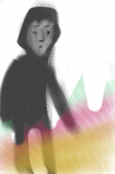 an abstract drawing of a child standing and wearing a hat
