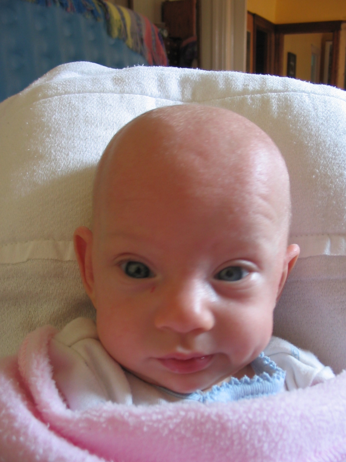 a baby looks directly into the camera with a blanket around him