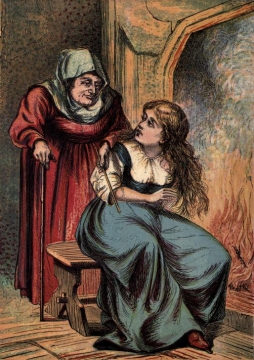 a vintage book illustration depicting a woman talking to a witch