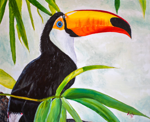 a painting of a black and white bird with a bright colored beak