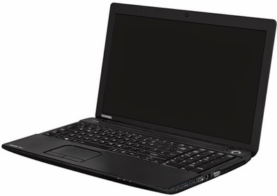 a black laptop is open on a white background