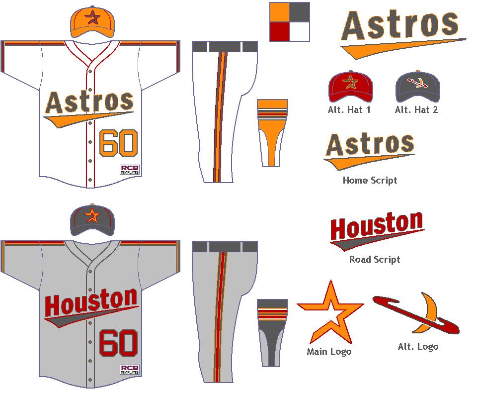 the houston astros uniform, including an orange hat and two red caps