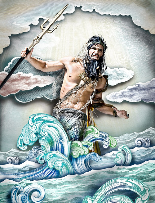 the painting shows a male in a long - haired body with his sword on the water and waves