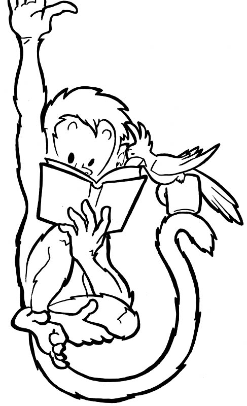 an image of the letter e with a monkey holding a bird