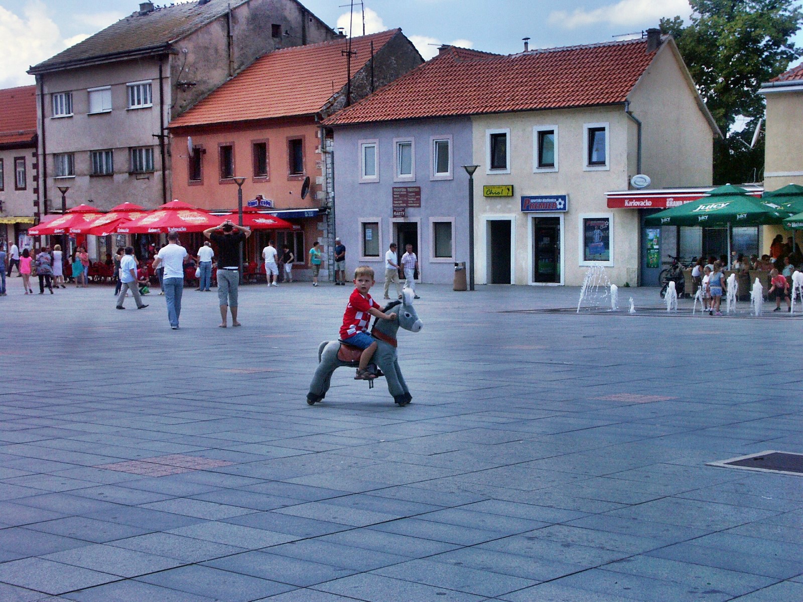 the horse is standing in the square looking for a tourist