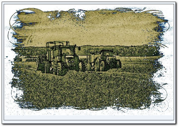 an old, sepia toned image of two farm vehicles in a field