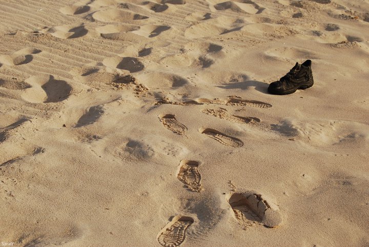 there is someones footprints and one shoe on the sand