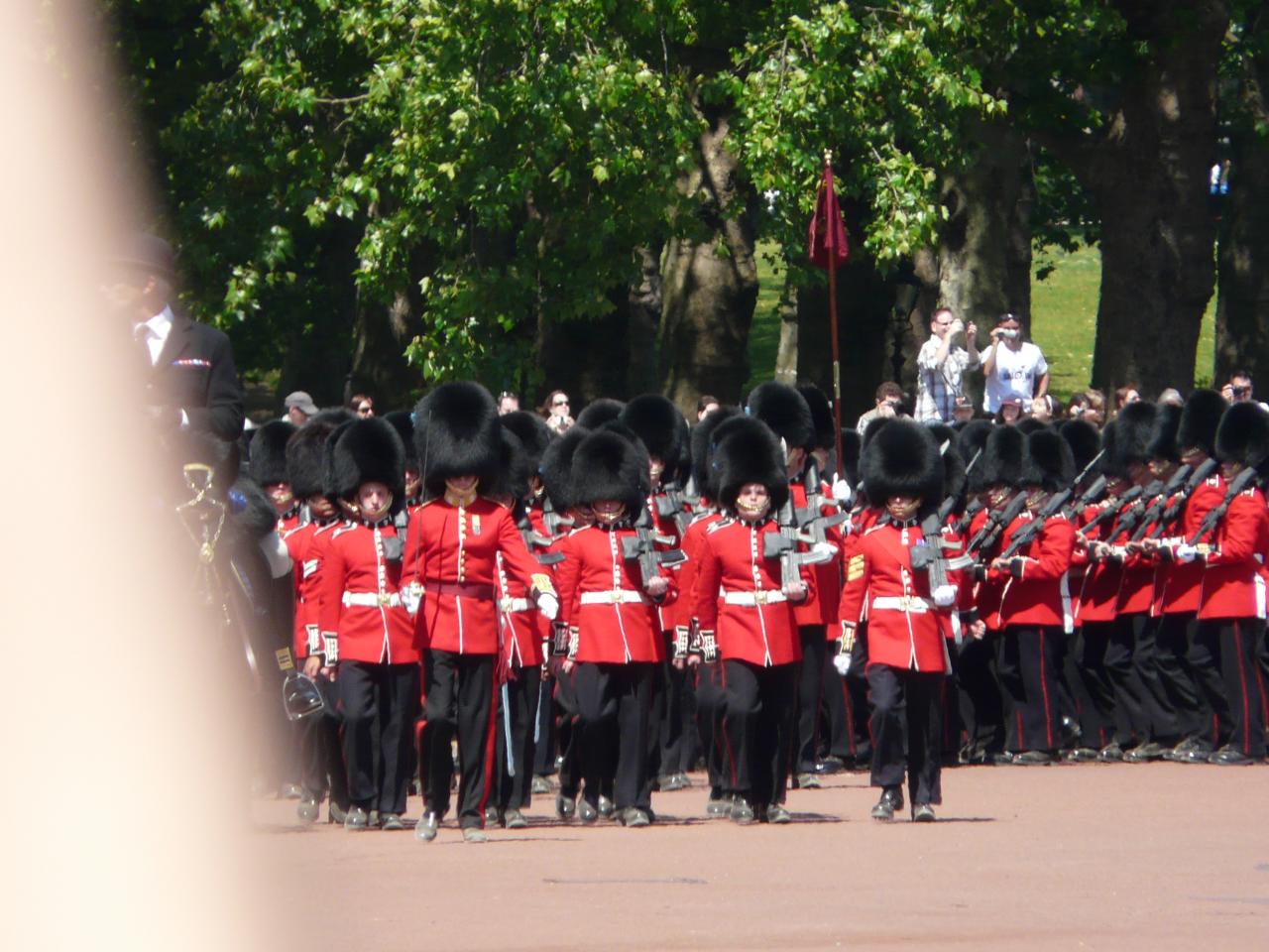 a band marching in a military ceremony with red uniforms
