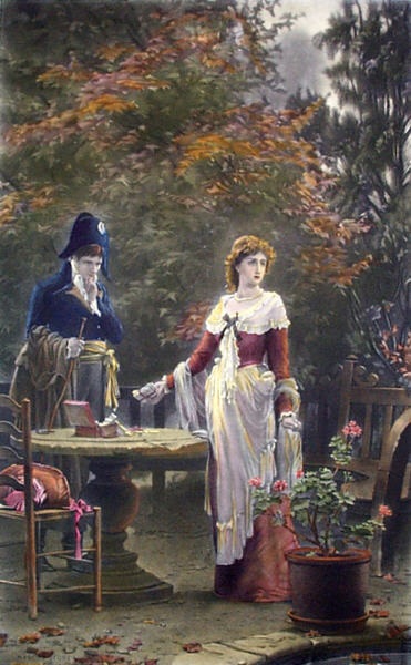 two people dressed in historical dress and clothing sitting at a table