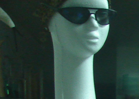 a woman's head with sunglasses on it on top of a white mannequin