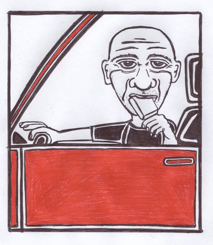 a drawing of a man driving his car