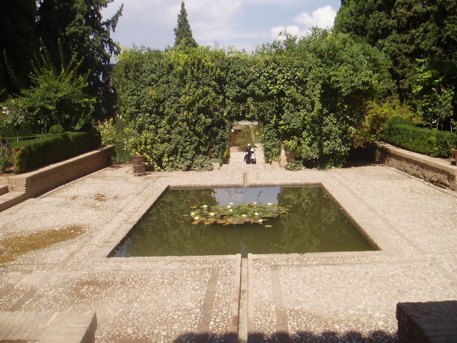 the small fountain in the middle of the garden
