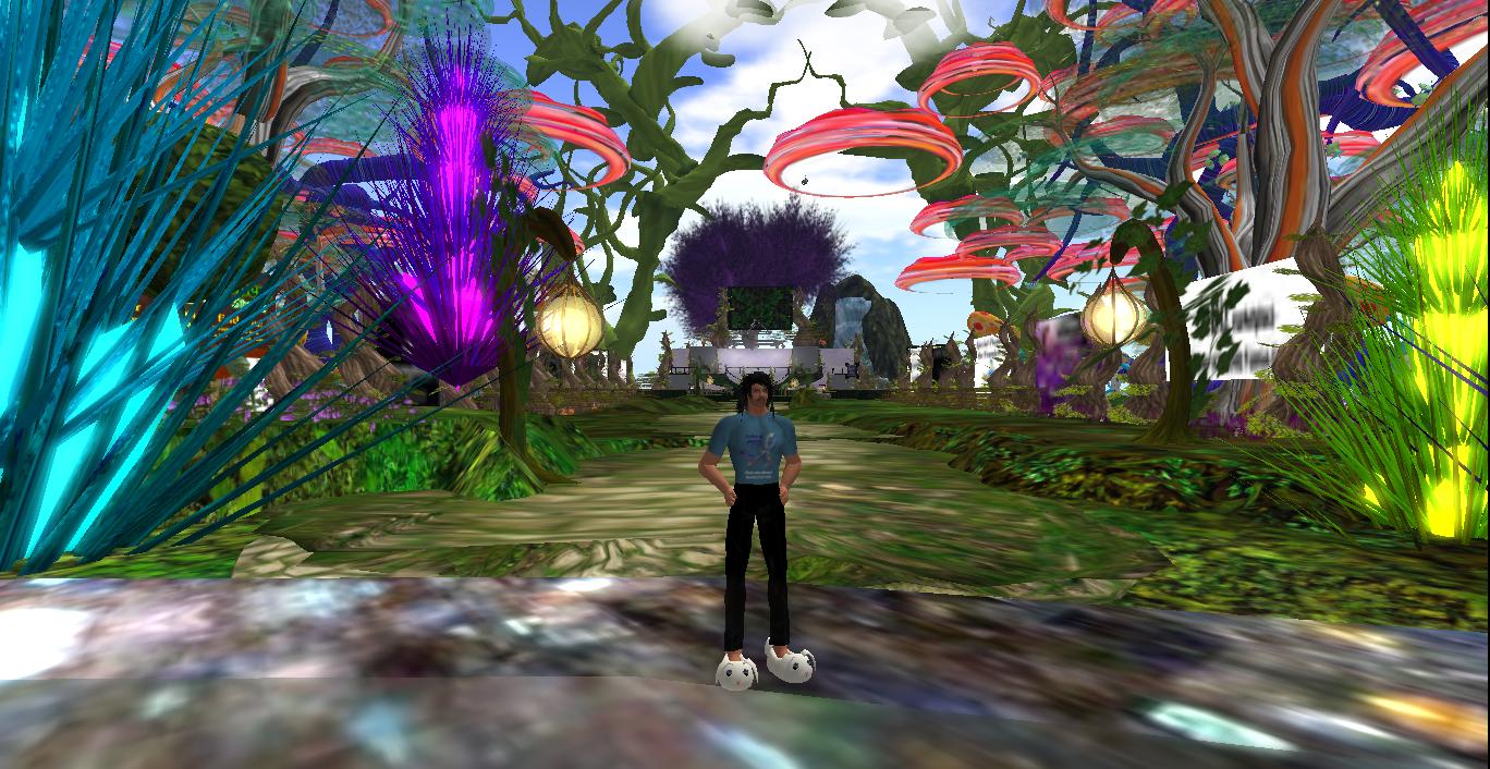 a man walks through an artificial forest