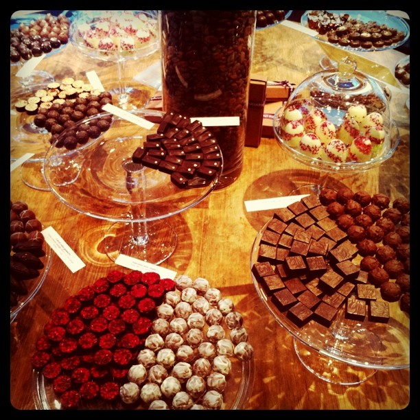 large variety of chocolates on display with price tags