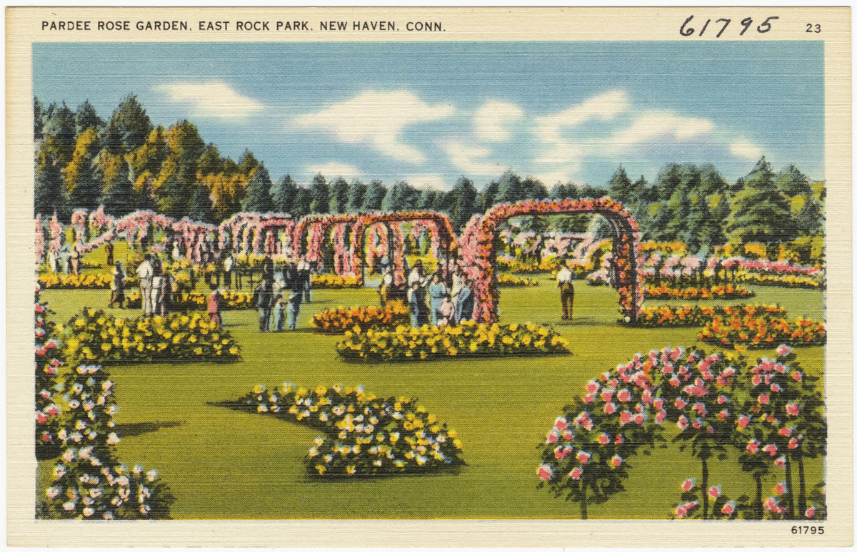 a painting of a floral garden with trees and flowers