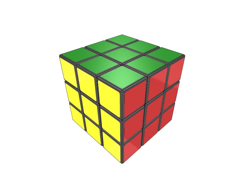 a rubik cube, with green and yellow squares