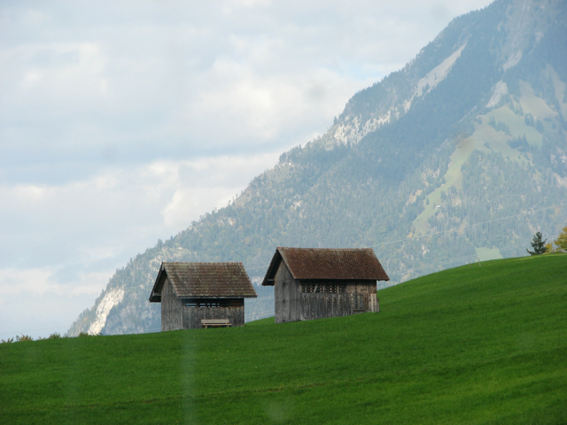 two wooden barn buildings sitting on a lush green hillside
