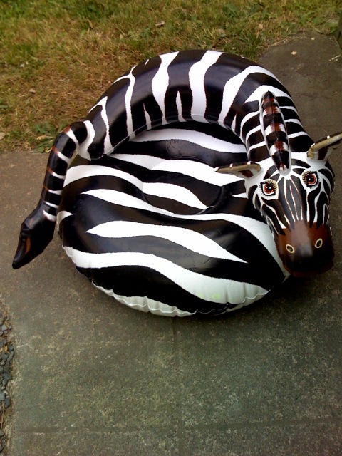a black and white ze inflatable in the grass