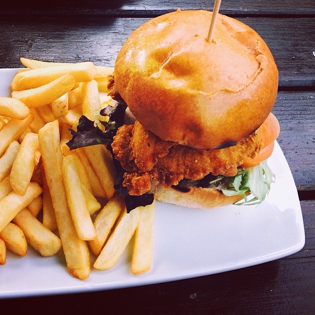 chicken sandwich with french fries on a plate