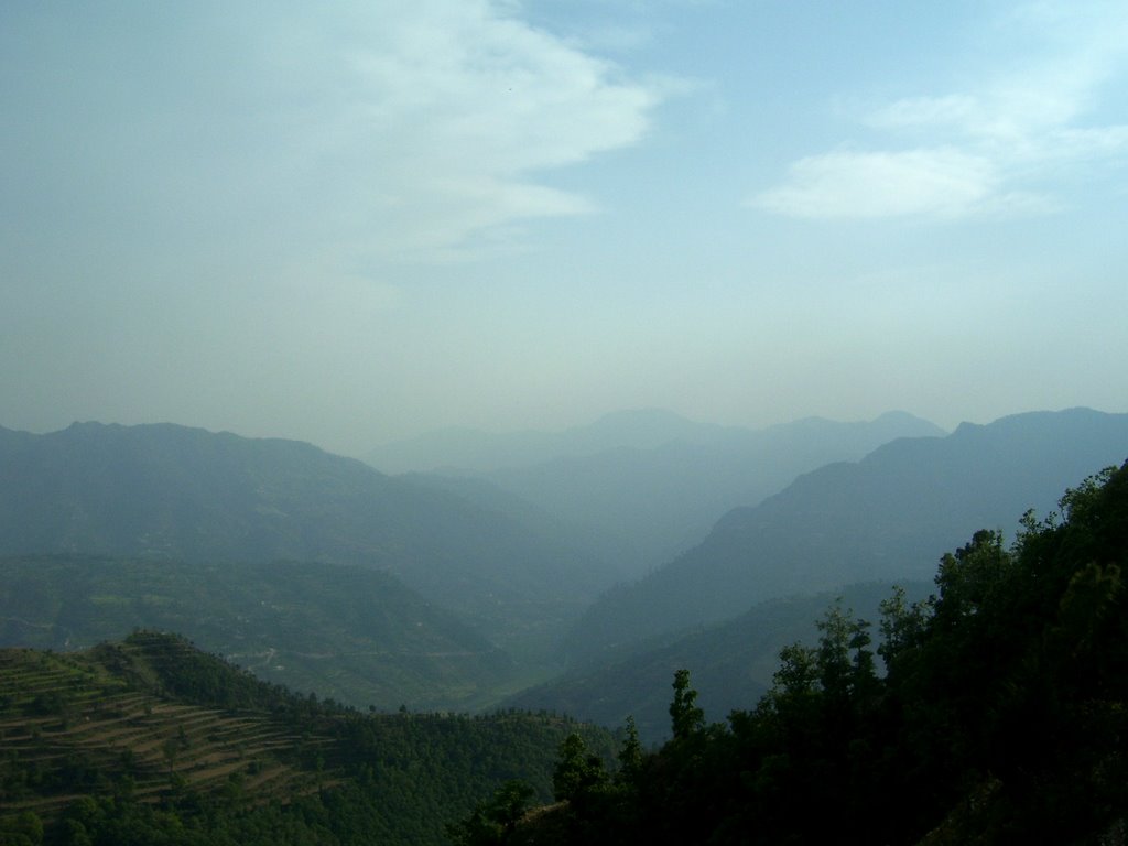 a view looking down at some hills and valleys