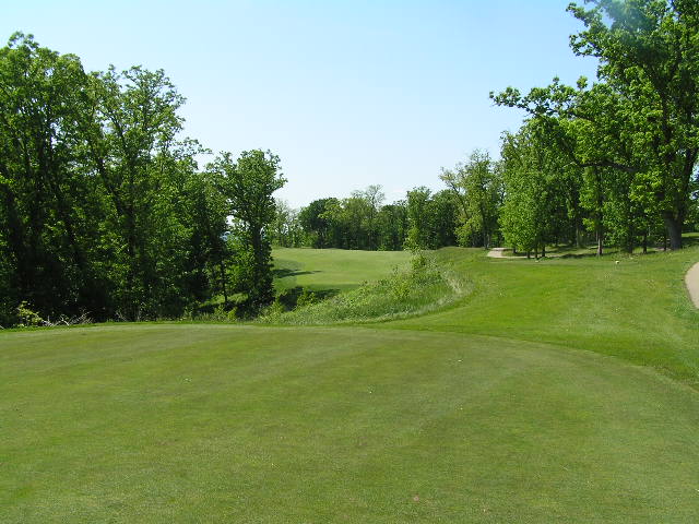 the view from behind the green of the green with trees in the background