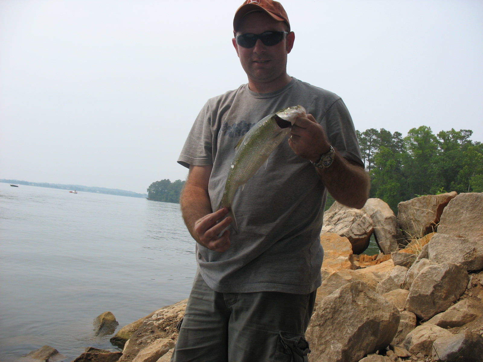man in gray shirt holding a fish next to the water