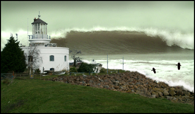 a lighthouse near the ocean and a large wave crashing over it