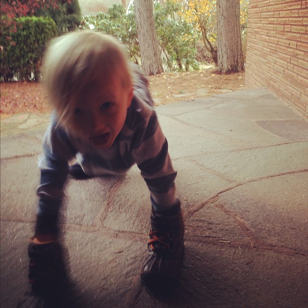 a toddler crawling forward on a patio