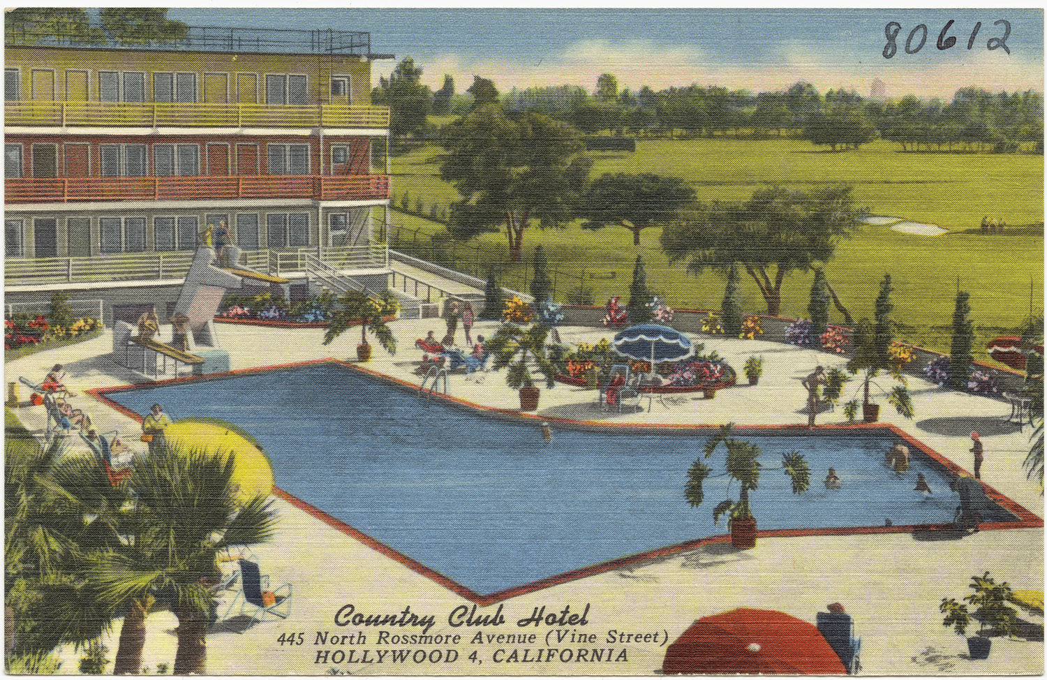 an old postcard depicting a swimming pool at a motel